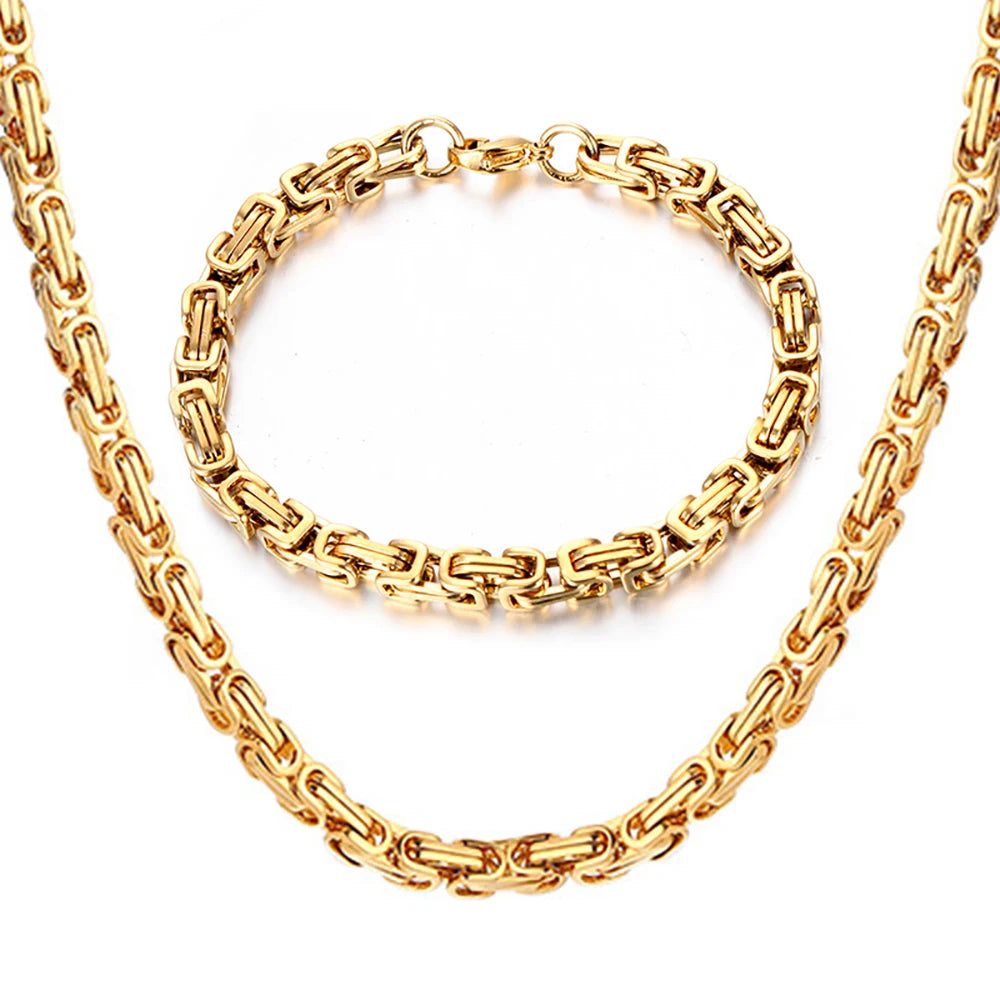 Gold Byzantine Chain Set – Stainless Steel Men’s Necklace & Bracelet, Durable Gold Plated Jewelry Gift