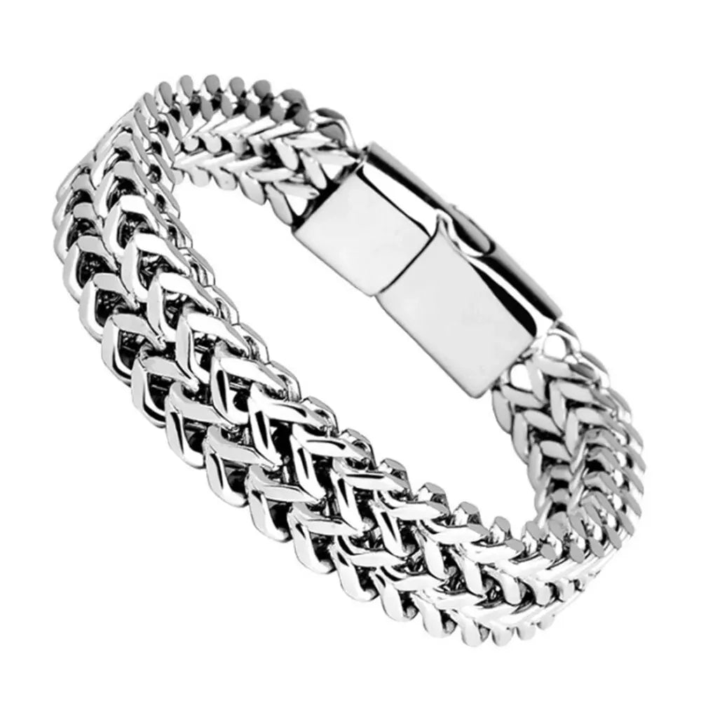 สร้อยข้อมือสแตนเลสถักสองแถว – โลหะผสมเกล็ดปลา หัวเข็มขัดแม่เหล็ก Keel Jewelry รุ่นใหม่