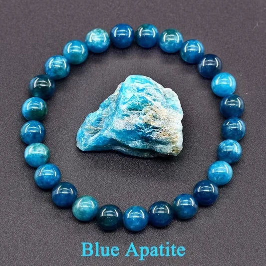 สร้อยข้อมือลูกปัดอะพาไทต์สีน้ำเงินเรกิขนาด 6/8 มม. – เครื่องประดับหินธรรมชาติบำบัดสำหรับผู้ชายและผู้หญิง กระตุ้นการไหลเวียนโลหิต ของขวัญเพื่อสุขภาพสำหรับคู่รัก