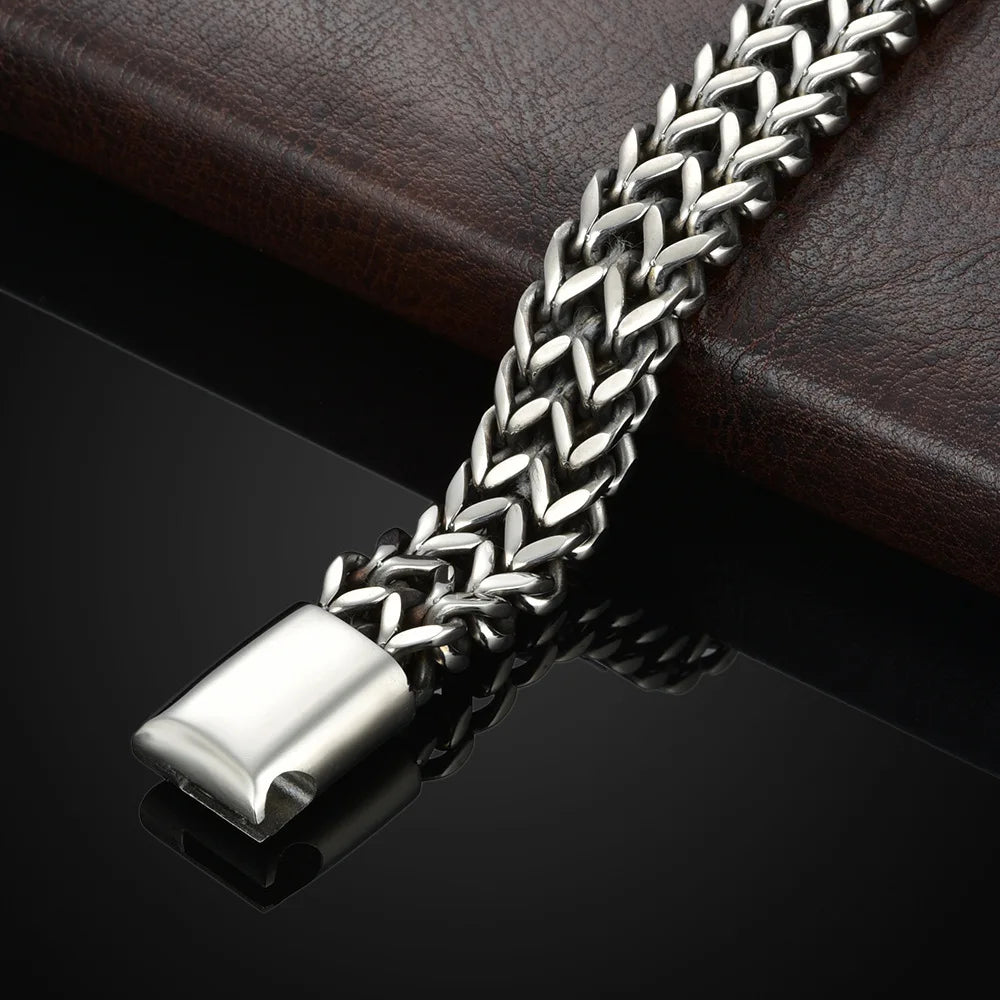 สร้อยข้อมือสแตนเลสถักสองแถว – โลหะผสมเกล็ดปลา หัวเข็มขัดแม่เหล็ก Keel Jewelry รุ่นใหม่