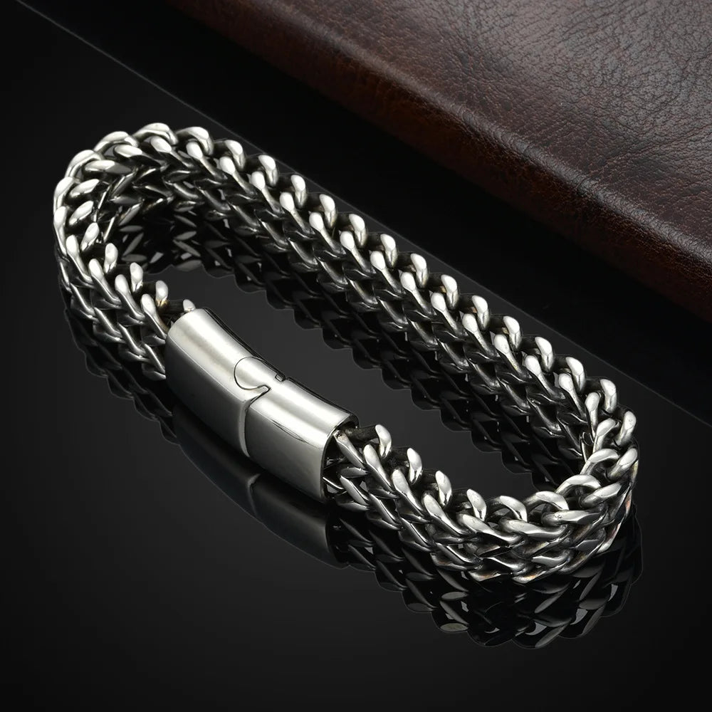สร้อยข้อมือสแตนเลสถักสองแถว – โลหะผสมเกล็ดปลา หัวเข็มขัดแม่เหล็ก Keel Jewelry รุ่นใหม่