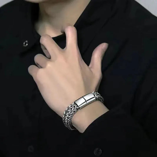 สร้อยข้อมือสแตนเลสถักสองแถว – โลหะผสมเกล็ดปลา หัวเข็มขัดแม่เหล็ก Keel Jewelry รุ่นใหม่