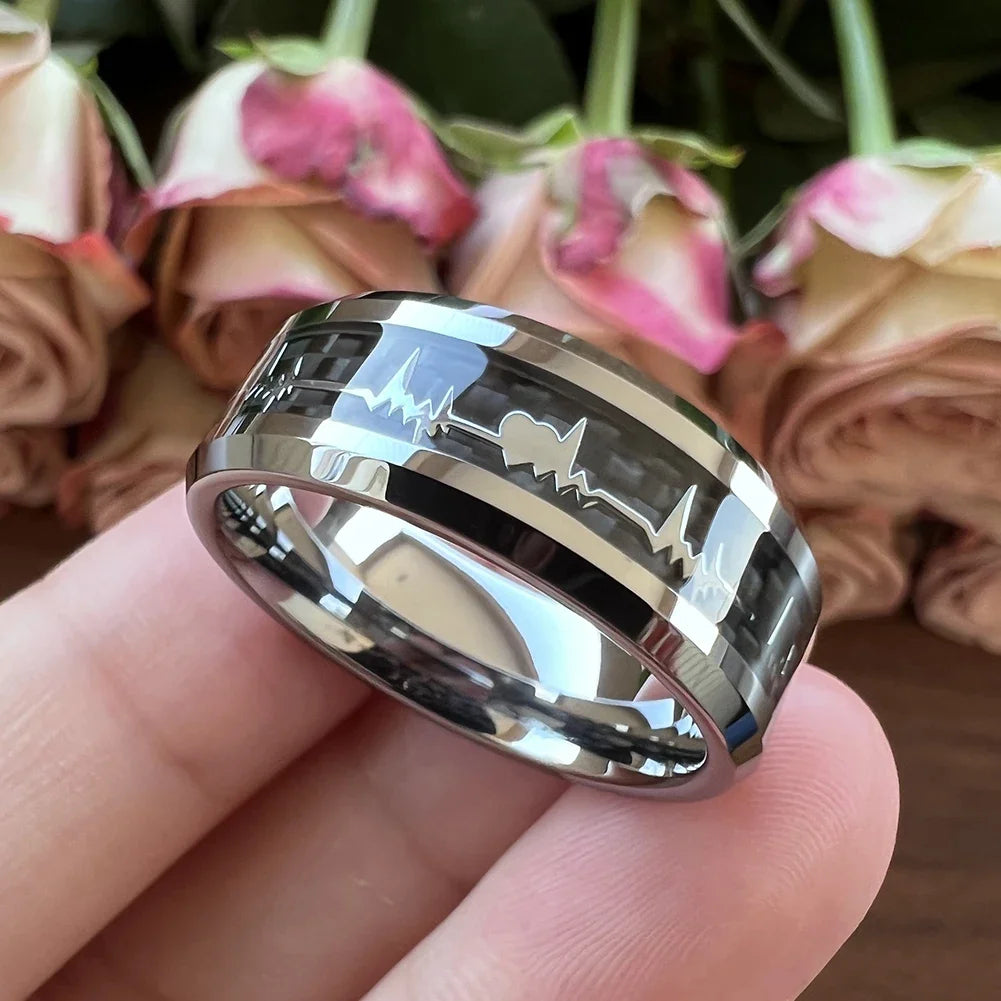 Fashion 8mm Black Carbon Fiber Heart Tungsten Carbide Ring – Wedding Band & Engagement Jewelry