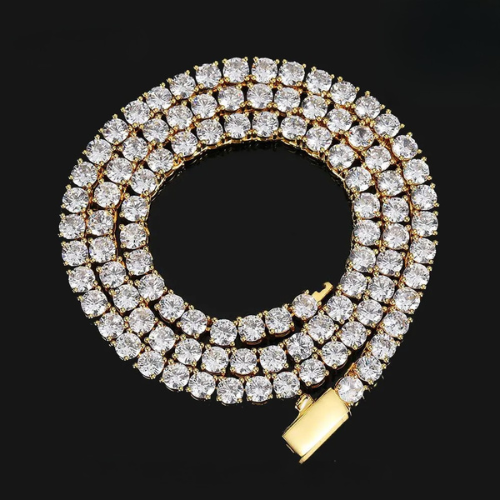 Hip Hop Jewelry Iced Out Tennis Chain Cubic Zirconia 18k Gold Plated Bling Necklace for Women + Free Custom Laser Logo