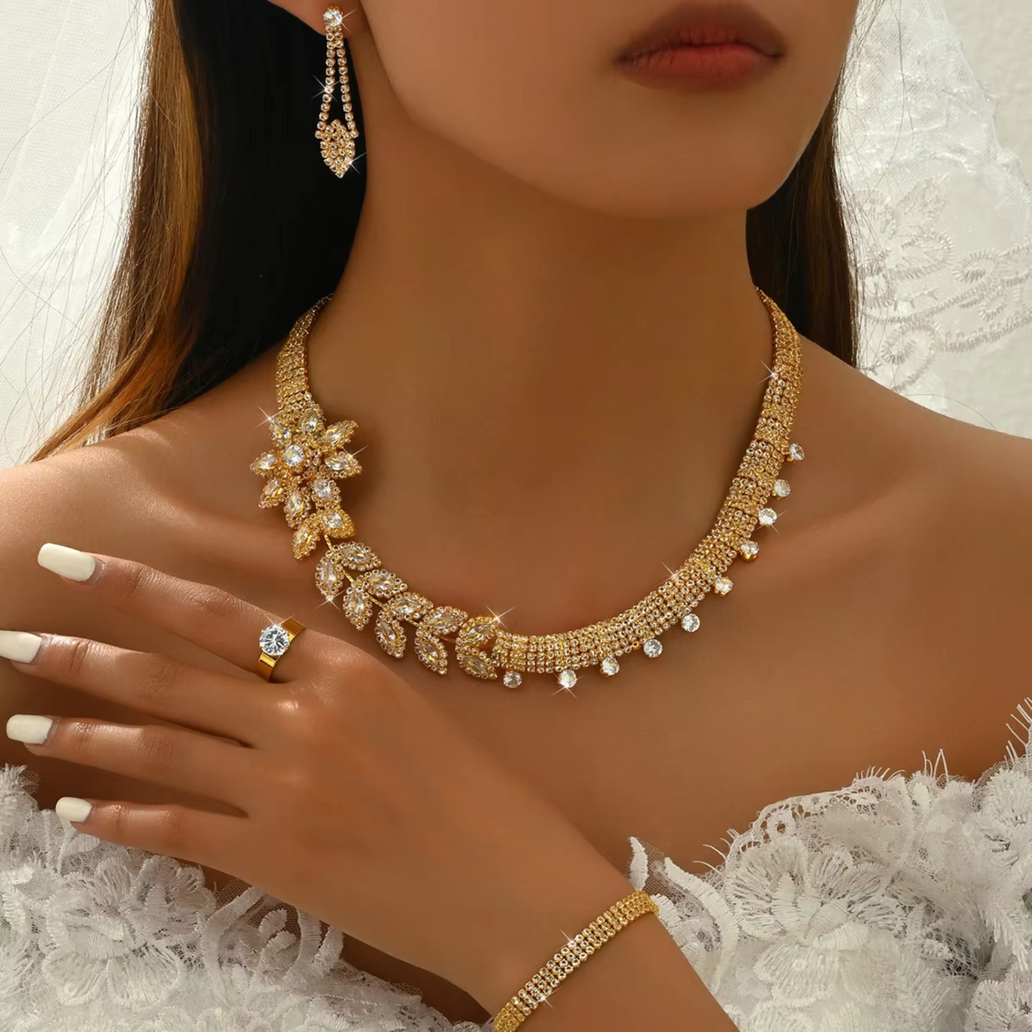 Matching bracelet, necklace, and earrings