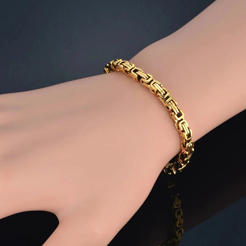 Gold Byzantine Chain Set – Stainless Steel Men’s Necklace & Bracelet, Durable Gold Plated Jewelry Gift