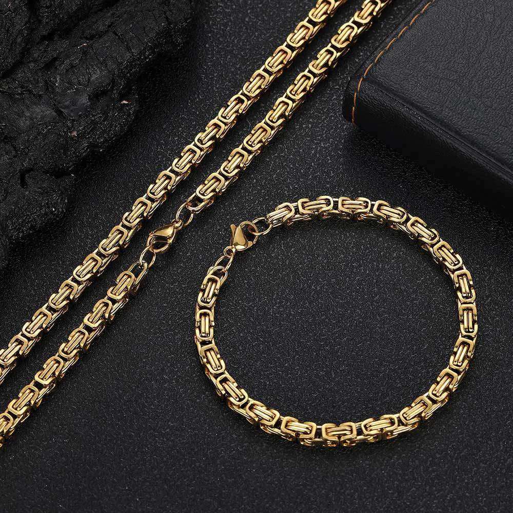 Gold Stainless Steel Byzantine Chain Jewelry (Necklace + Bracelet)