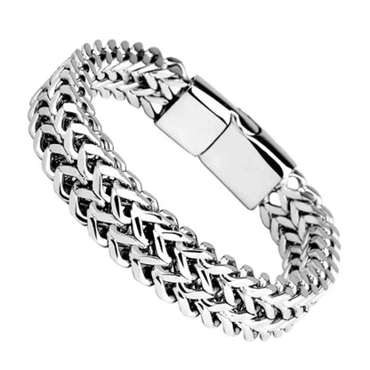 สร้อยข้อมือสแตนเลสถักสองแถว – โลหะผสมเกล็ดปลา หัวเข็มขัดแม่เหล็ก Keel Jewelry รุ่นใหม่