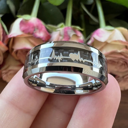 Fashion 8mm Black Carbon Fiber Heart Tungsten Carbide Ring – Wedding Band & Engagement Jewelry