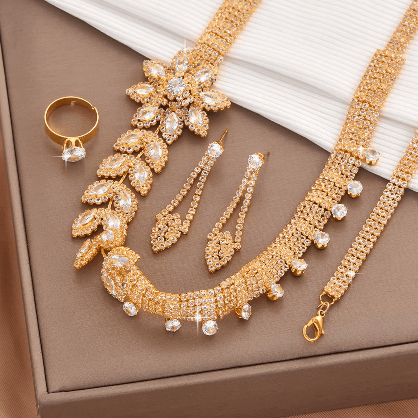 5-Piece Fashion Jewelry Set – Floral Earrings, Necklace, Bracelet, Ring & Hand Chain for Women