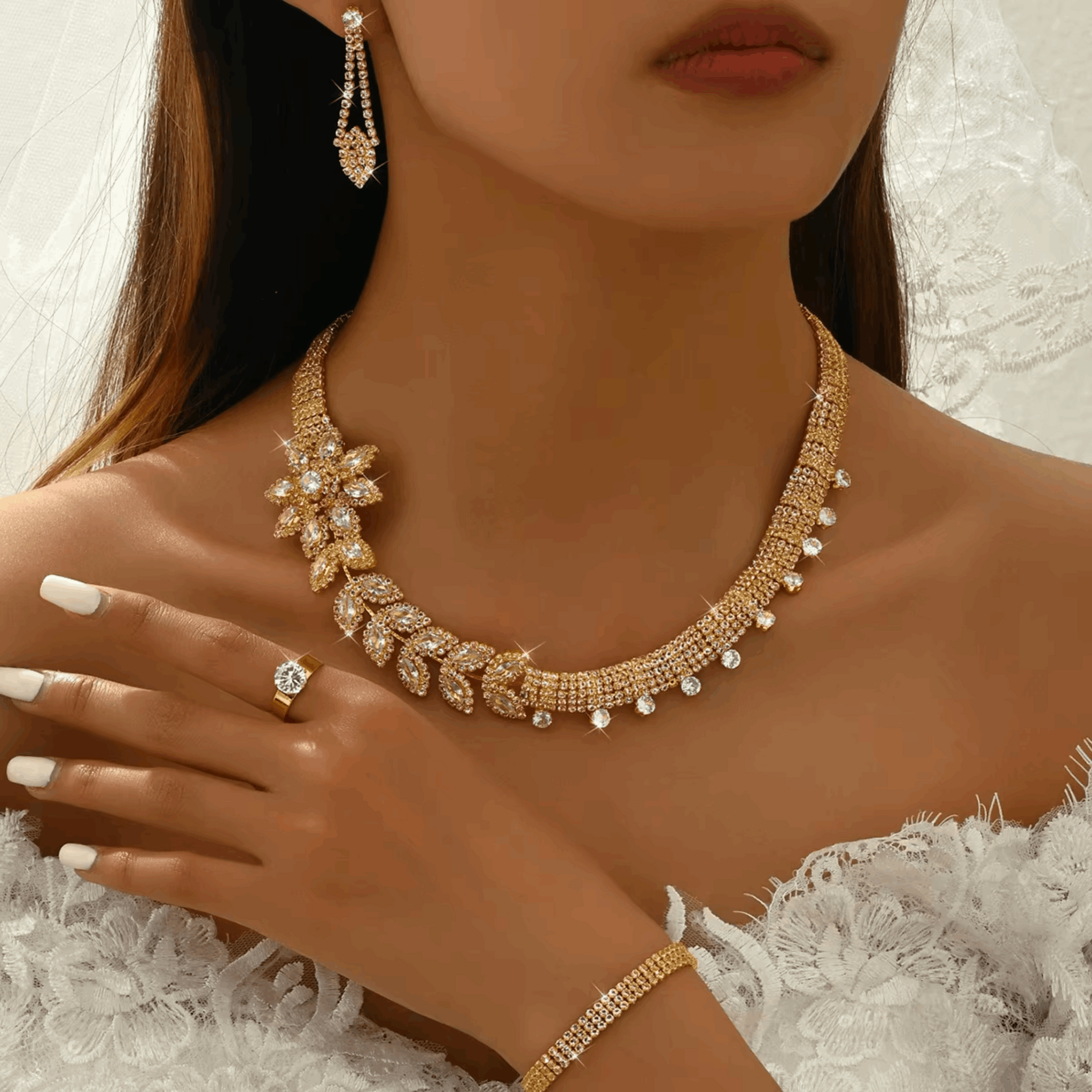 5-Piece Fashion Jewelry Set – Floral Earrings, Necklace, Bracelet, Ring & Hand Chain for Women