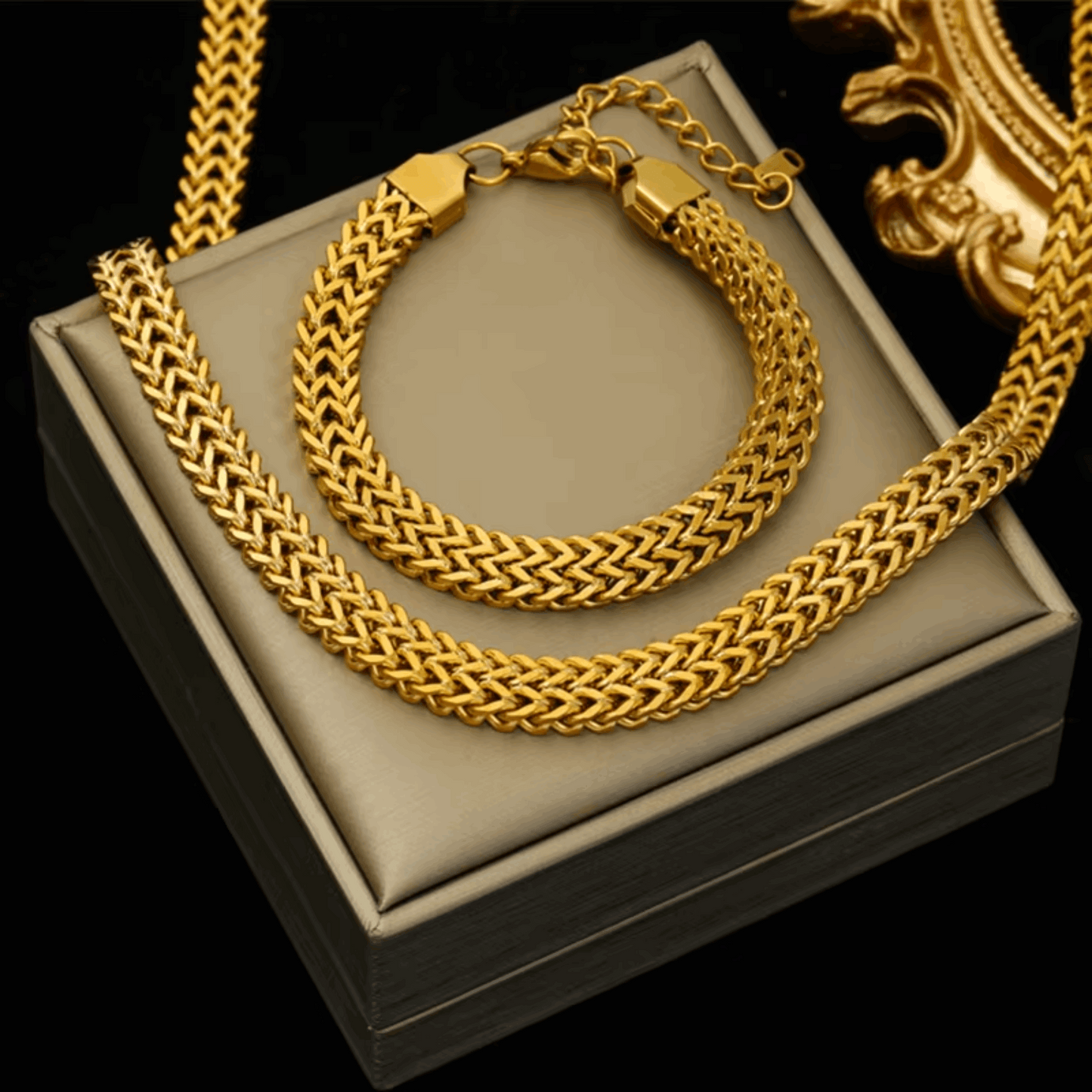 EILIECK 316L Stainless Steel Gold Color Thick Chain Choker Necklace Bracelet Set