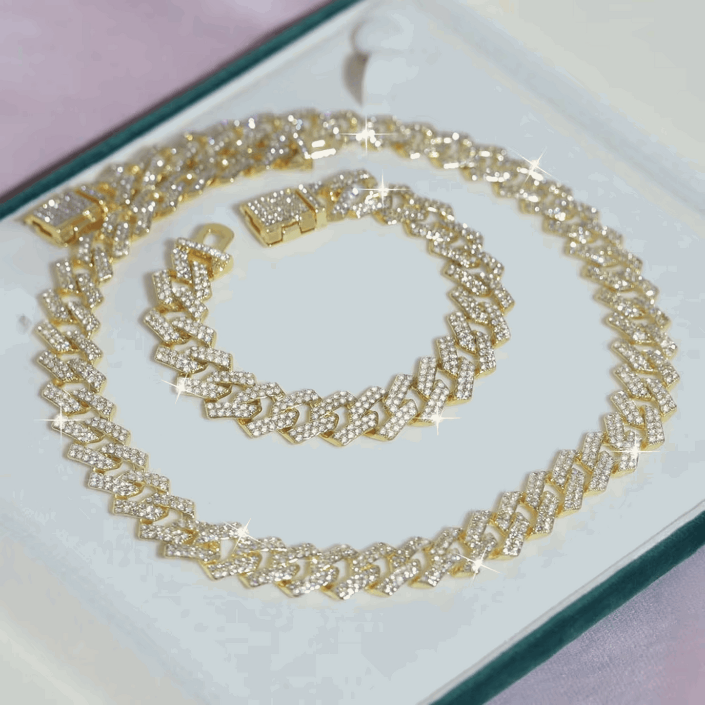 Iced Out 16mm Wide Gold Hip Hop Necklace & Bracelet Set – Full Rhinestone Jewelry for Men & Women