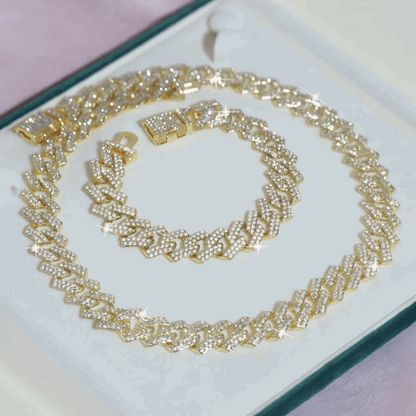 Iced Out 16mm Wide Gold Hip Hop Necklace & Bracelet Set – Full Rhinestone Jewelry for Men & Women