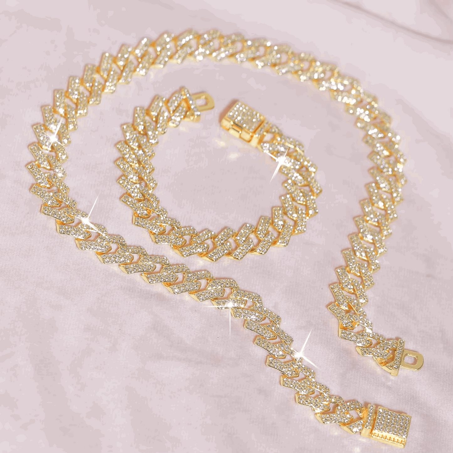 Iced Out 16mm Wide Gold Hip Hop Necklace & Bracelet Set – Full Rhinestone Jewelry for Men & Women