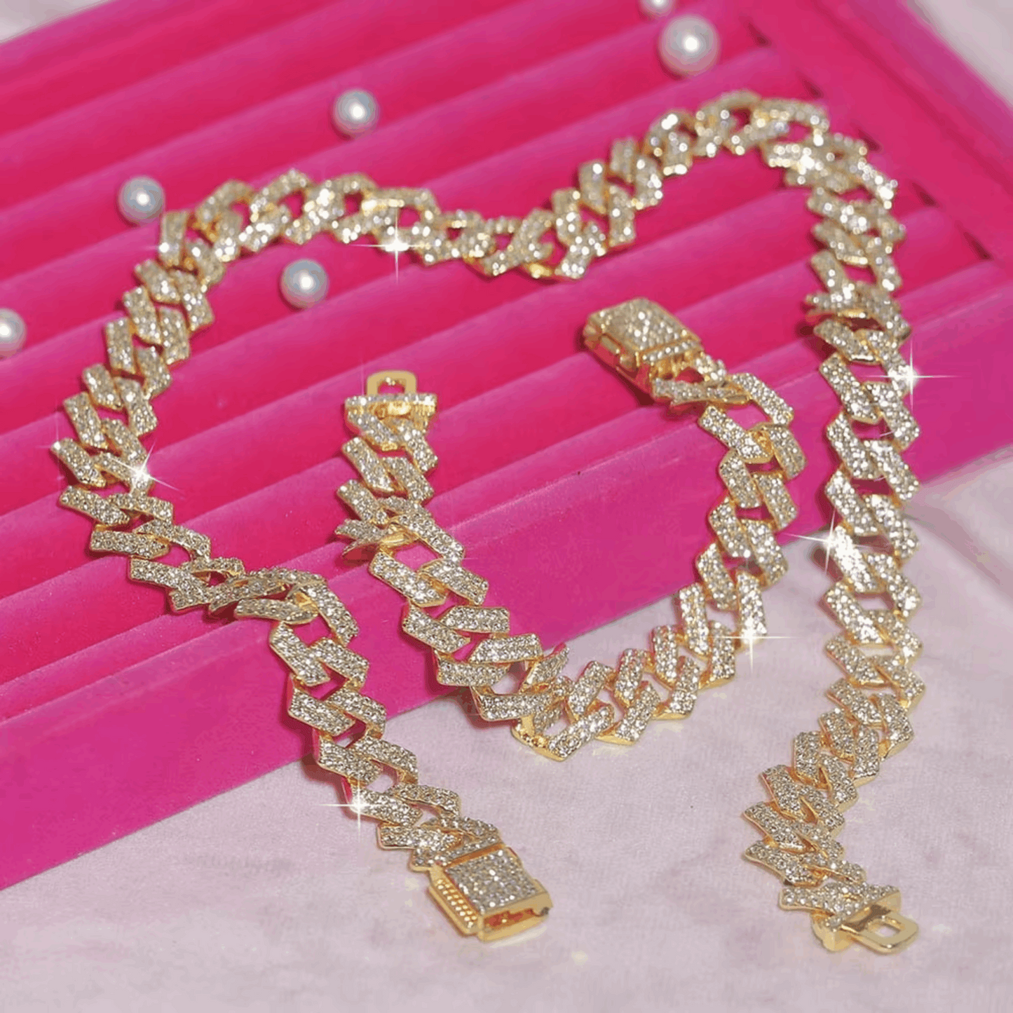 Iced Out 16mm Wide Gold Hip Hop Necklace & Bracelet Set – Full Rhinestone Jewelry for Men & Women