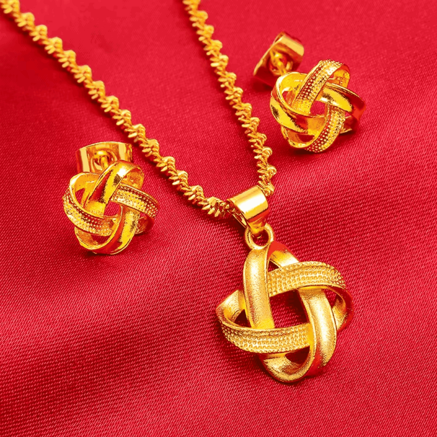 Yellow Gold Plated Interweave Geometric Pendant Necklace & Earrings Set