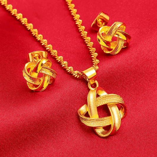 Yellow Gold Plated Interweave Geometric Pendant Necklace & Earrings Set