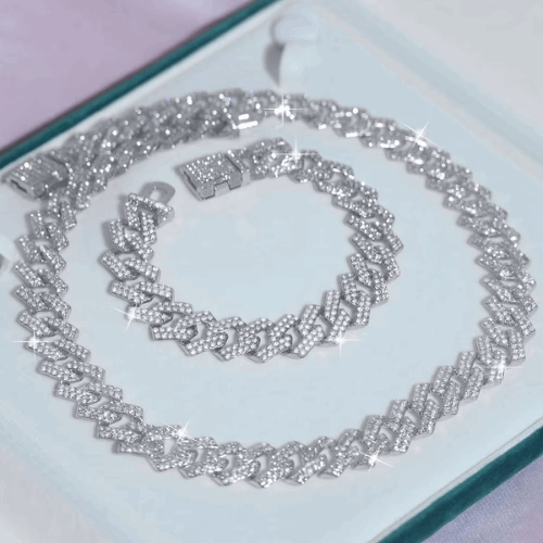 Iced Out 16mm Wide Gold Hip Hop Necklace & Bracelet Set – Full Rhinestone Jewelry for Men & Women