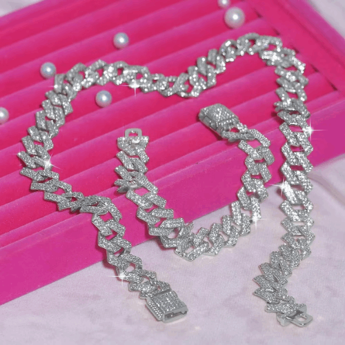 Iced Out 16mm Wide Gold Hip Hop Necklace & Bracelet Set – Full Rhinestone Jewelry for Men & Women