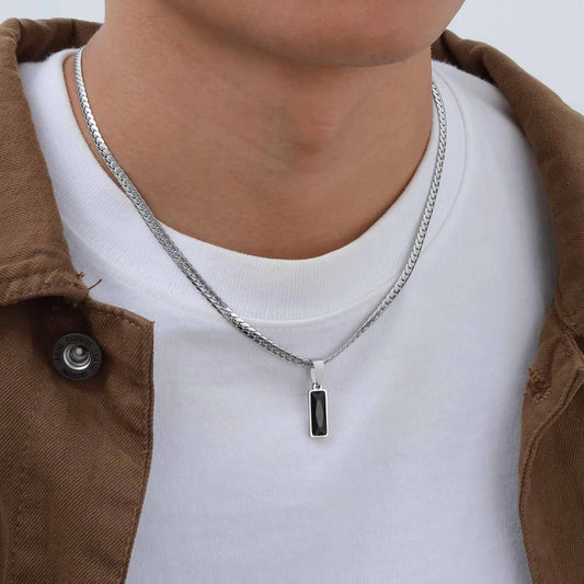 Stylish Men’s Geometric Stone Pendant Necklace – Stainless Steel Cuban Chain Hip Hop Jewelry