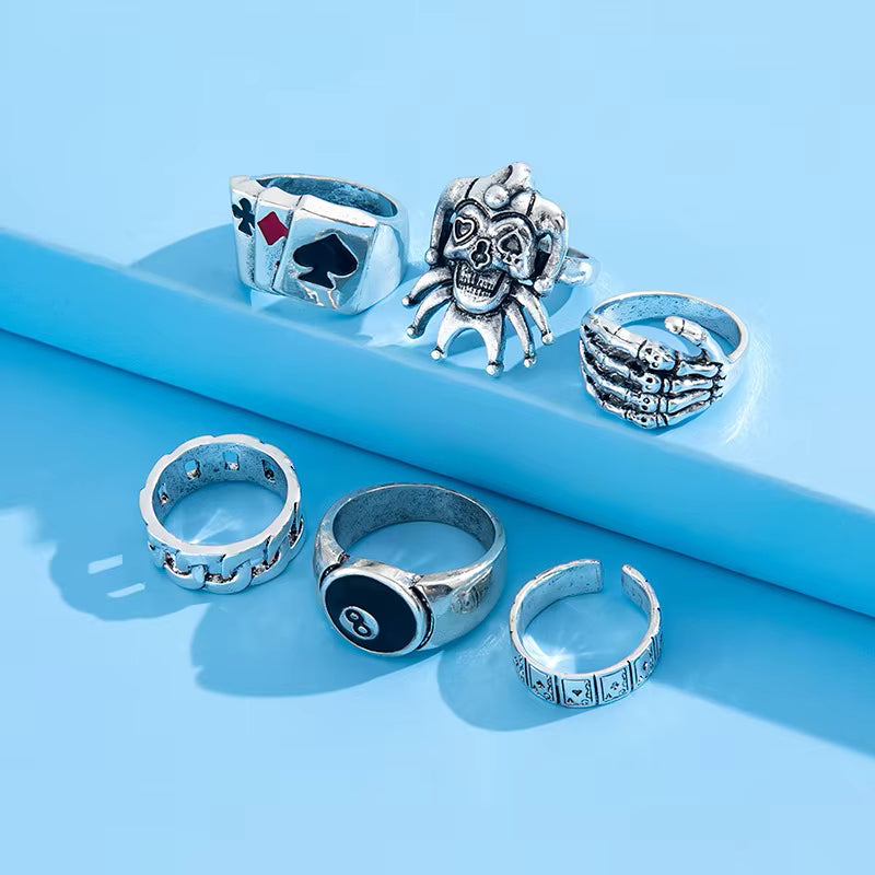 6-Piece Punk Ring Set – Gothic Skull Rings, Bold Style