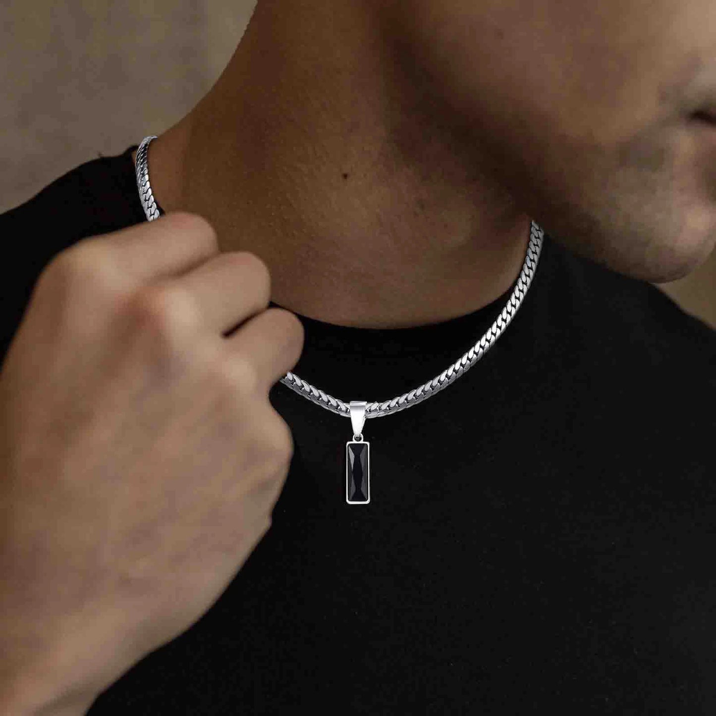 Stylish Men’s Geometric Stone Pendant Necklace – Stainless Steel Cuban Chain Hip Hop Jewelry