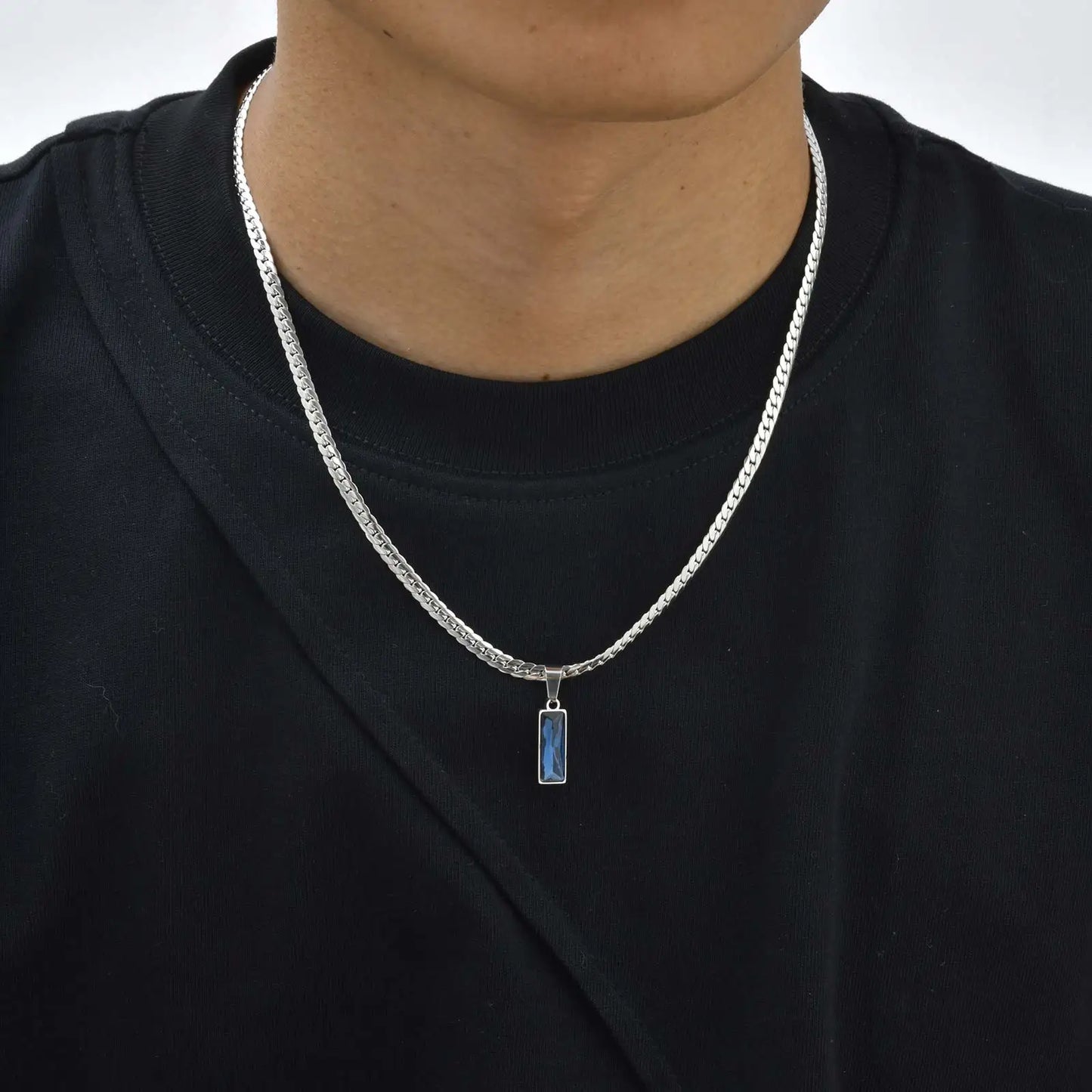 Stylish Men’s Geometric Stone Pendant Necklace – Stainless Steel Cuban Chain Hip Hop Jewelry