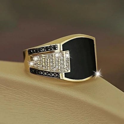Men's fashion gold ring, classic luxury, inlaid with black Zircon Punk stone