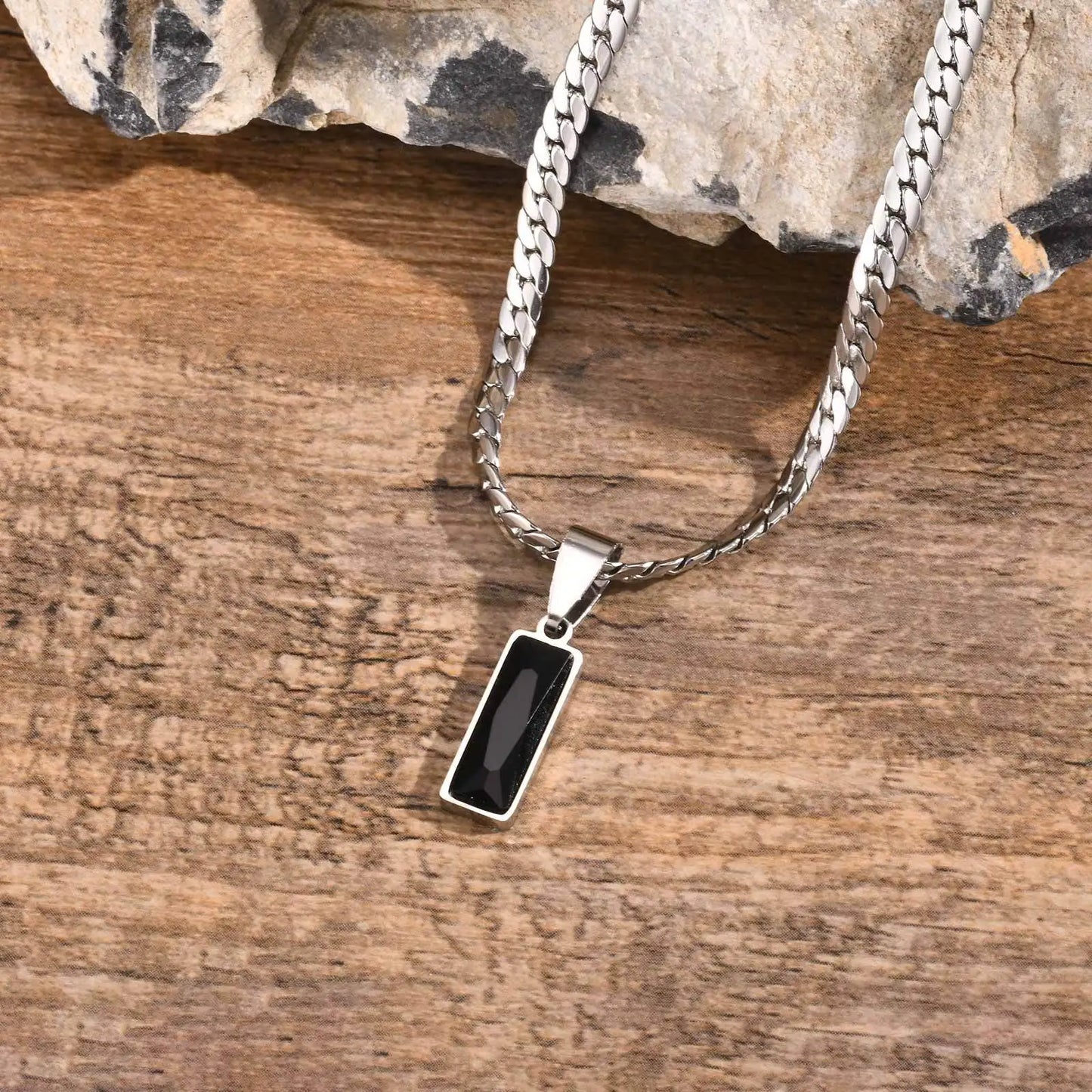 Stylish Men’s Geometric Stone Pendant Necklace – Stainless Steel Cuban Chain Hip Hop Jewelry