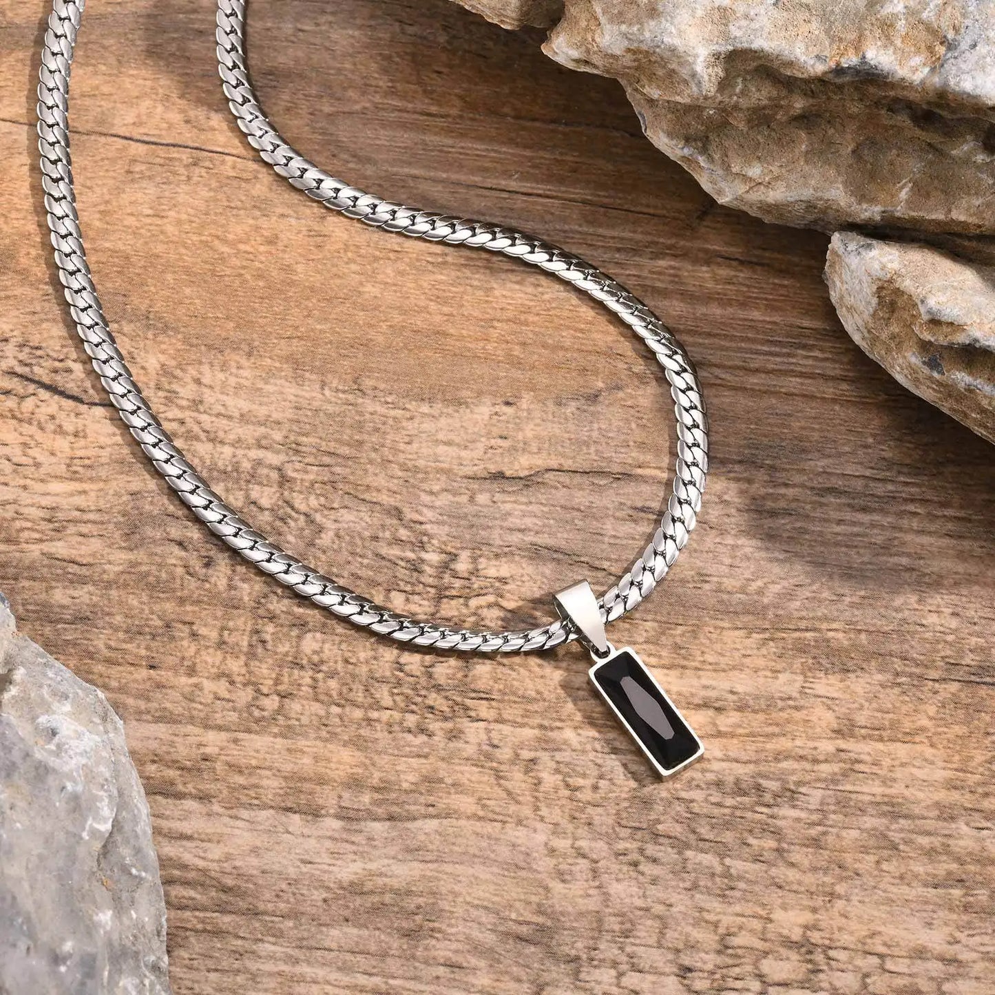 Stylish Men’s Geometric Stone Pendant Necklace – Stainless Steel Cuban Chain Hip Hop Jewelry