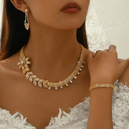 5-Piece Fashion Jewelry Set – Floral Earrings, Necklace, Bracelet, Ring & Hand Chain for Women