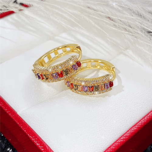 Huitan Rainbow CZ Gold Hoop Earrings | Statement Jewelry for Women, Special Gifts