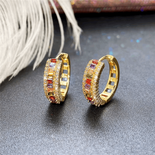 Huitan Rainbow CZ Gold Hoop Earrings | Statement Jewelry for Women, Special Gifts
