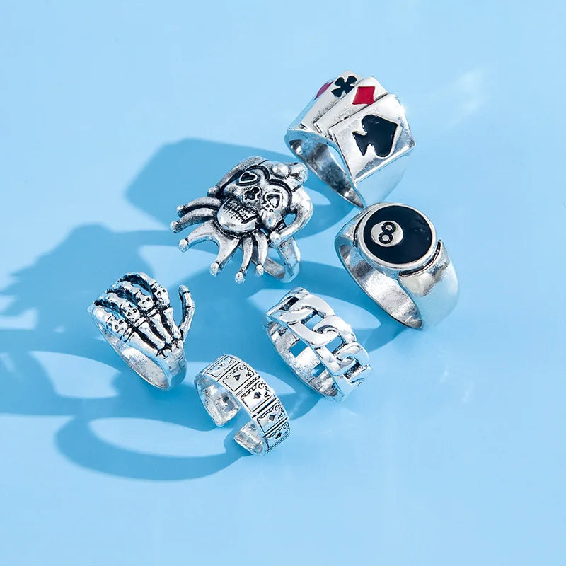 6-Piece Punk Ring Set – Gothic Skull Rings, Bold Style