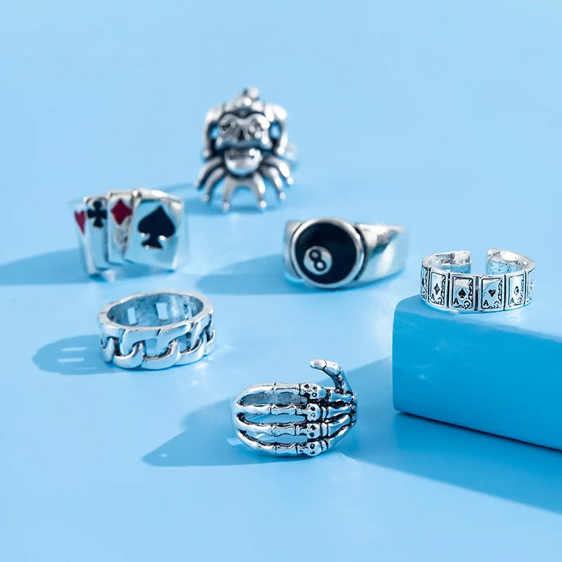 6-Piece Punk Ring Set – Gothic Skull Rings, Bold Style