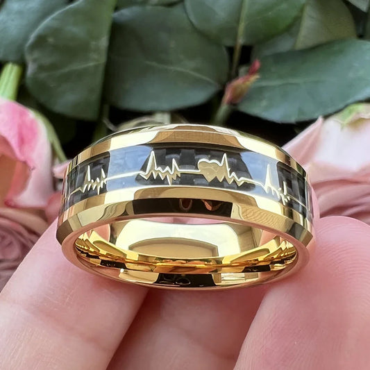Fashion 8mm Black Carbon Fiber Heart Tungsten Carbide Ring – Wedding Band & Engagement Jewelry