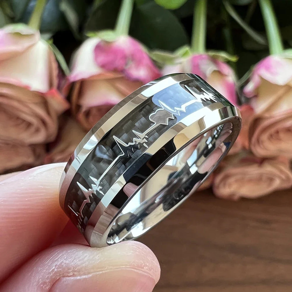 Fashion 8mm Black Carbon Fiber Heart Tungsten Carbide Ring – Wedding Band & Engagement Jewelry