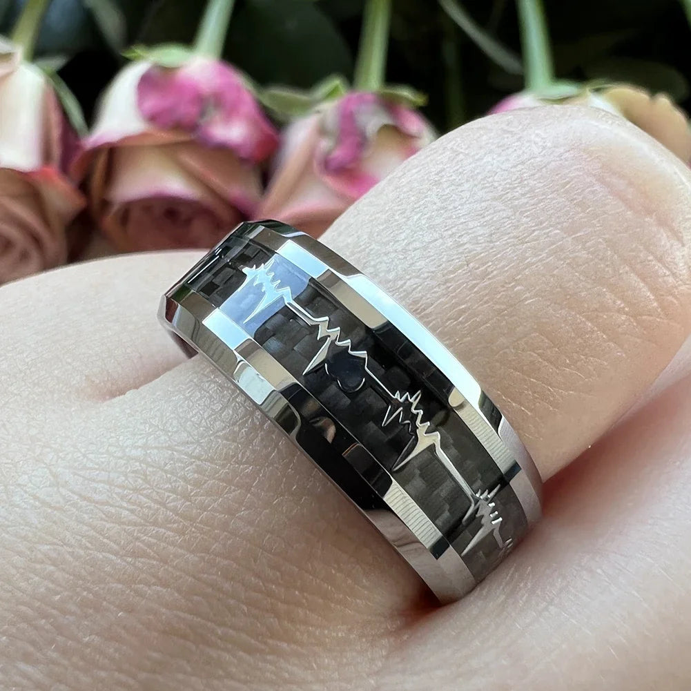 Fashion 8mm Black Carbon Fiber Heart Tungsten Carbide Ring – Wedding Band & Engagement Jewelry