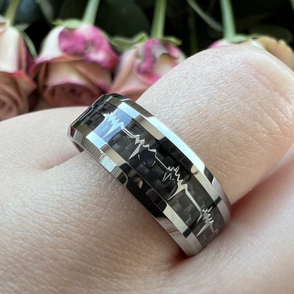 Fashion 8mm Black Carbon Fiber Heart Tungsten Carbide Ring – Wedding Band & Engagement Jewelry