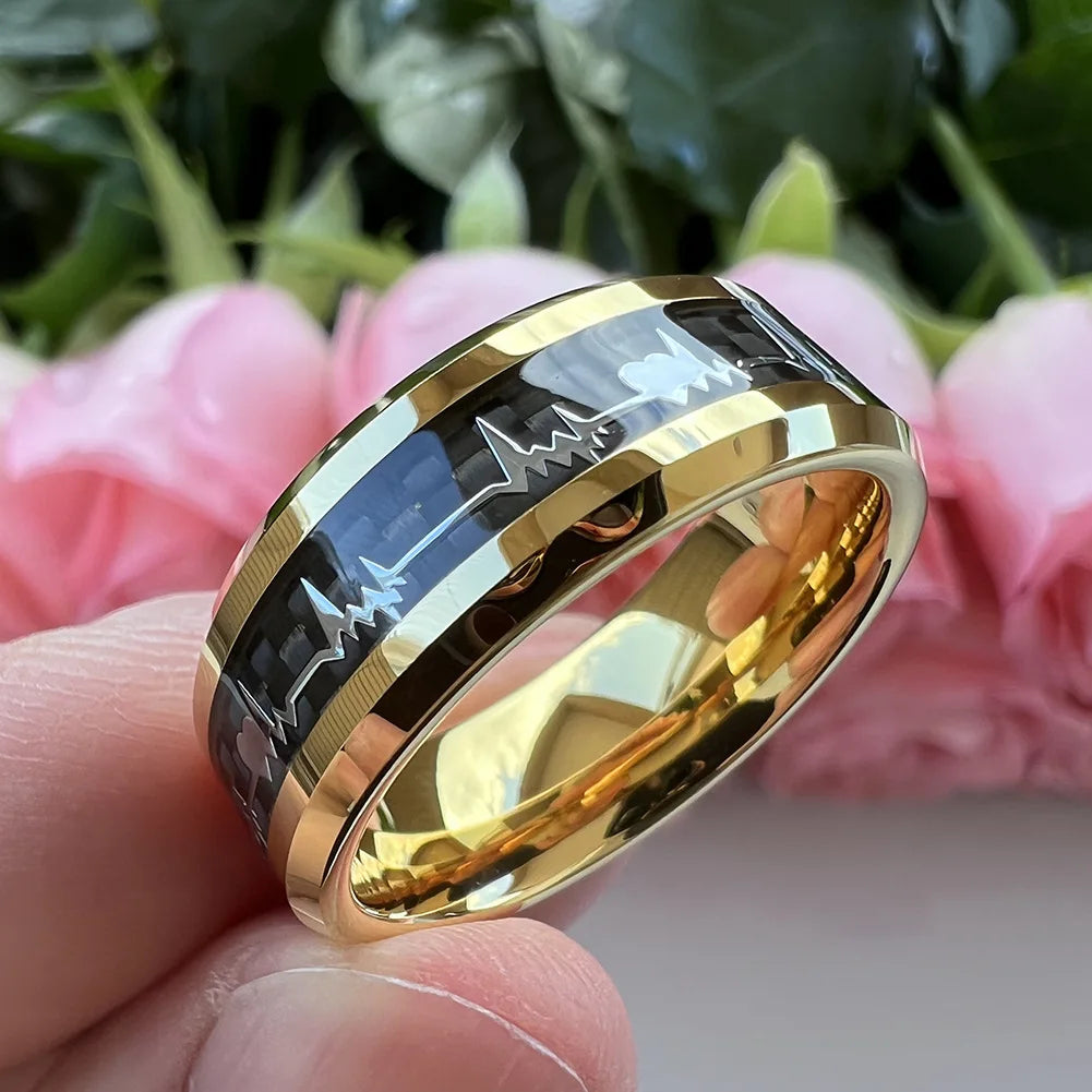 Fashion 8mm Black Carbon Fiber Heart Tungsten Carbide Ring – Wedding Band & Engagement Jewelry