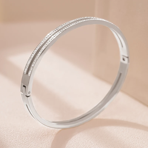Women's MOONLIGHT Cubic Zirconia Cuff Bangle – Elegant Titanium Steel Bracelet