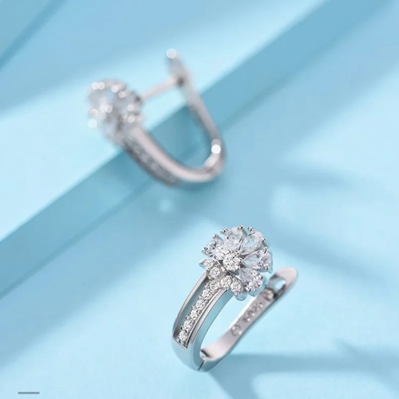 925 Sterling Silver Zircon Flower Earrings – Elegant Crystal Charm Jewelry for Women