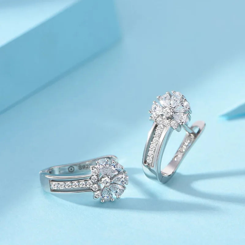925 Sterling Silver Zircon Flower Earrings – Elegant Crystal Charm Jewelry for Women