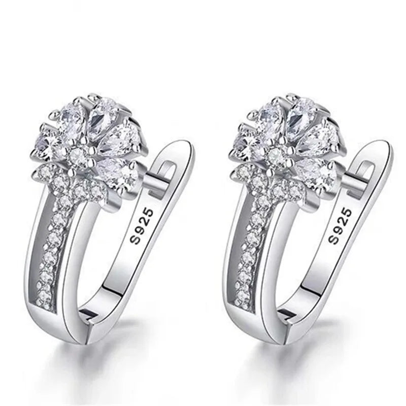 925 Sterling Silver Zircon Flower Earrings – Elegant Crystal Charm Jewelry for Women