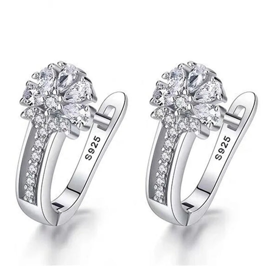 925 Sterling Silver Zircon Flower Earrings – Elegant Crystal Charm Jewelry for Women