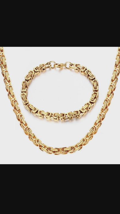 Gold Byzantine Chain Set – Stainless Steel Men’s Necklace & Bracelet, Durable Gold Plated Jewelry Gift